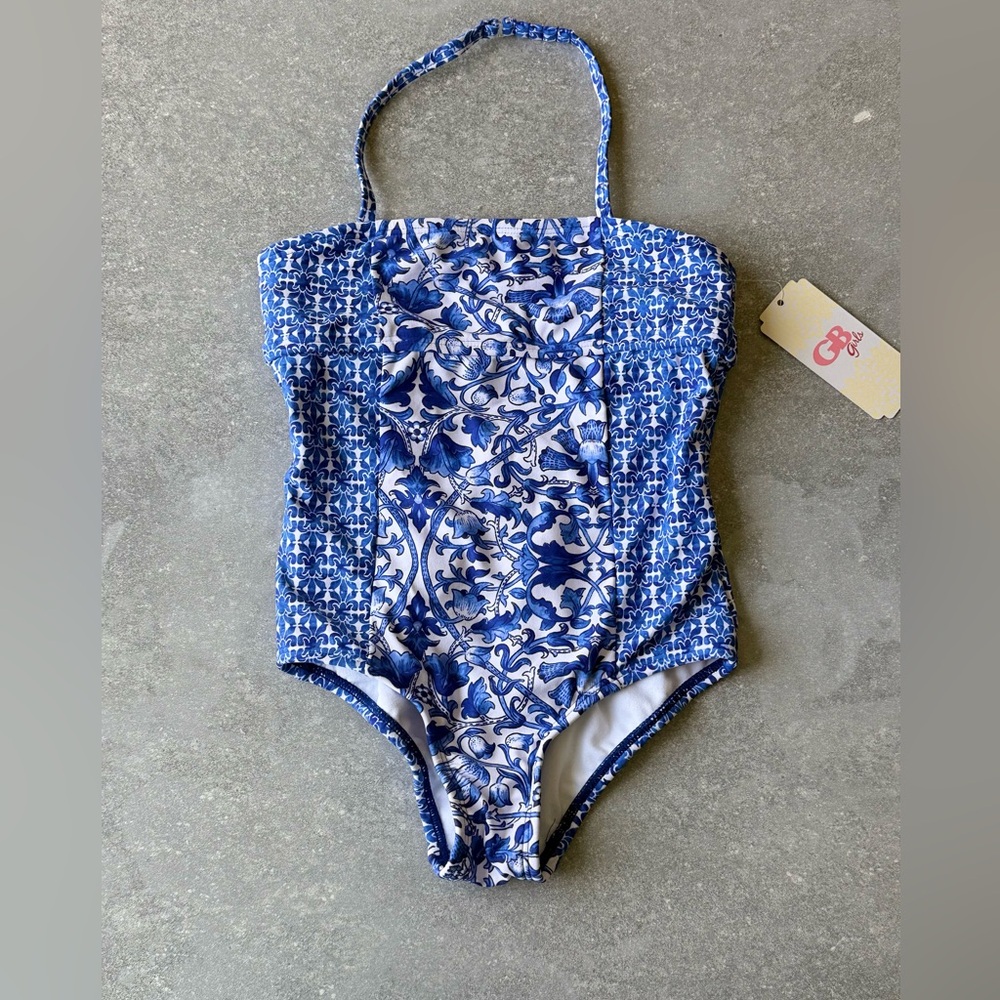 NWT GB Girls Blue White Pottery Swimsuit One Piece